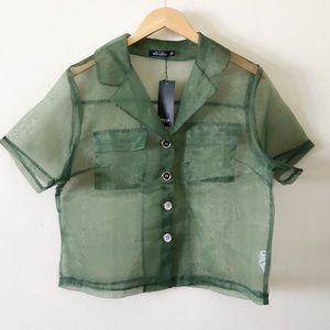NASTY GAL Sheer Green Top with Gold Bu…